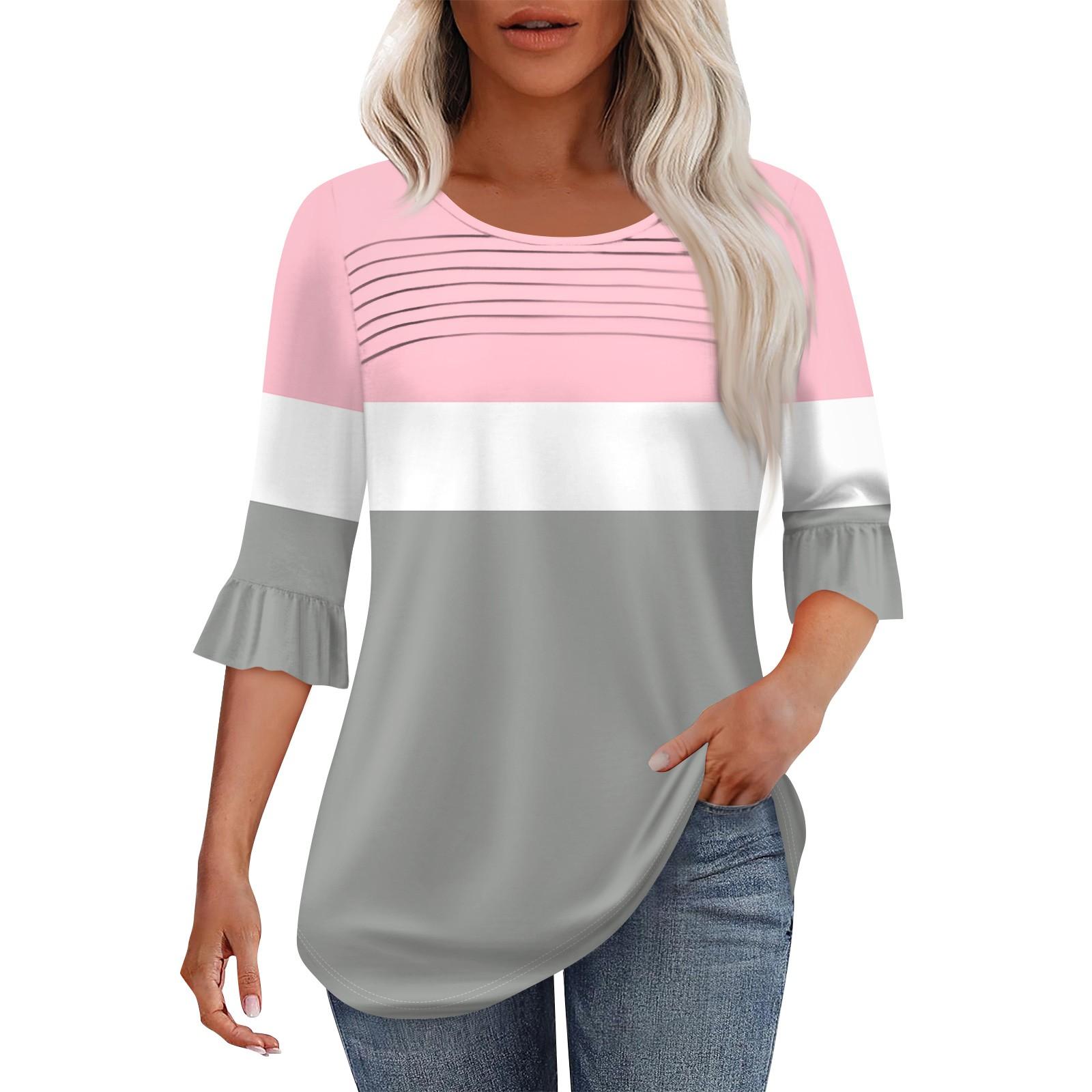 

Женская мода круглый вырез шея плиссированный спереди напечатанные точки расклешенный топ рукав 3/4 XL