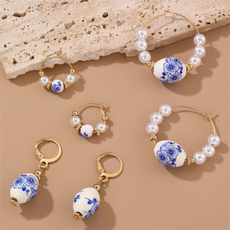 Fashion Blue and White Porcelain Pendant Charm Romance Gold Plated Stainless Steel Women Zircon Gifts