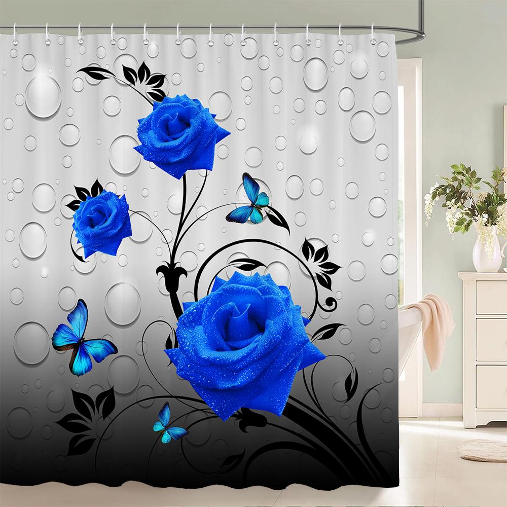 3D Butterfly Flower Fabric Waterproof Shower Curtain Bathroom Curtains Set Blue Pink Rose Non-Slip Rug Toilet Lid Cover Bath Mat