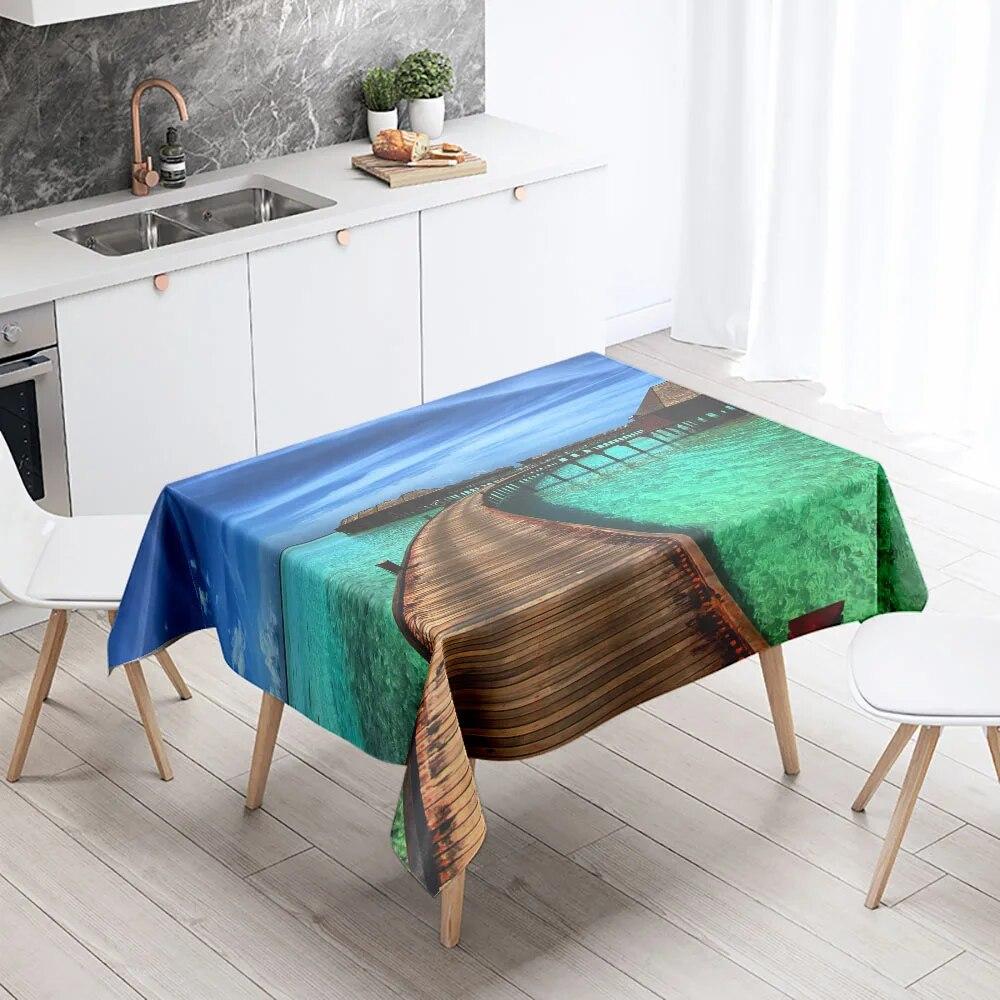 Seaside Bridge Tablecloth Sunset  Anti-fouling and Waterproof Rectangular Kitchen Dining Table Home Decoration