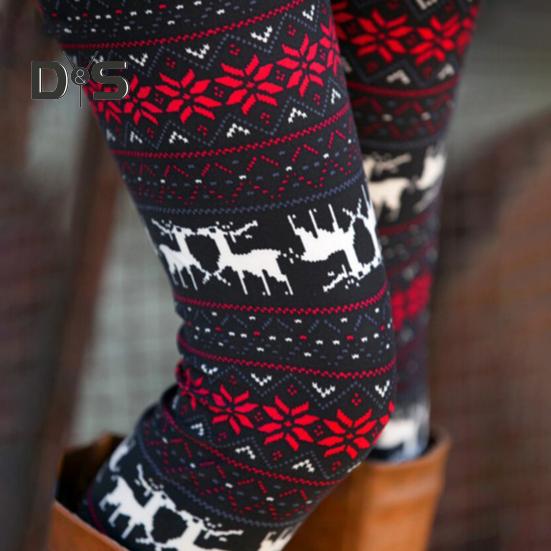 Høst Vinter Leggings Elg Snøfnuggtrykk Skinny Høy midje Stor Elastisitet Rumpe løftet Tykk Varm Myk Jul Langbukser Bunnbukser