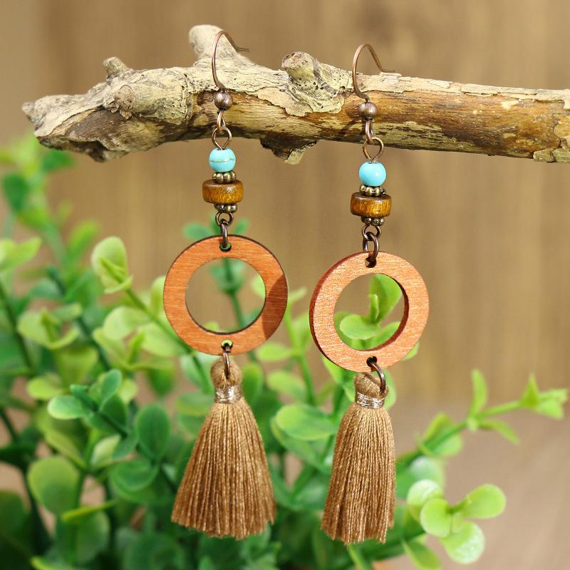 Bohemian Geometric Drop Women Earrings Ethnic Gypsy Wooden Beads Leaf Round Fringe Tassel Dangle Vintage Earrings Boho Zircon