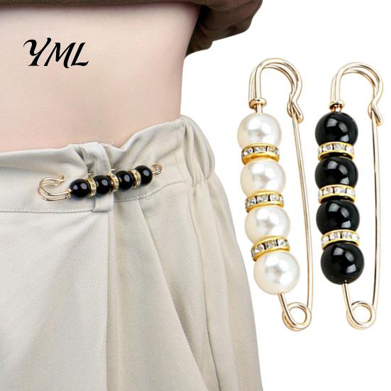 Neckline Fixation Clip 2Pcs Faux Pearl Waist Tightener for Pants, Reusable Cincher Pin Invisible Button Loose Jeans, No Sewing Waistband Skirts Jeans
