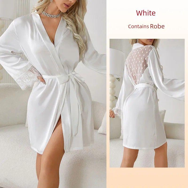 

2025 Cross-Border New Arrival Mesh Breathable Satin Nightgown/Date Bathrobe/Polka Dot Perspective Sexy Seduction Outerwear Gown White L