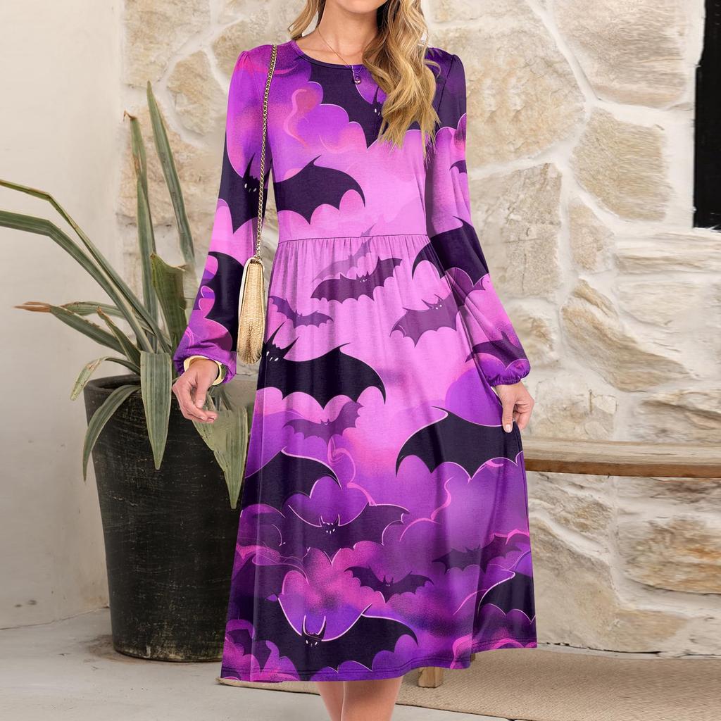 Women's Fashionable Loose Halloween Printed Round-neck Dress
