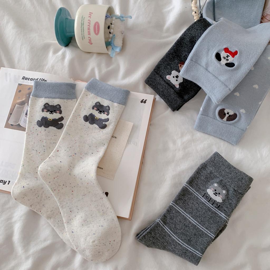 Puppy Embroidery Gray-Blue Socks Medium Tube Socks Versatile Cotton Socks Boneless Cartoon Cute Pile Socks