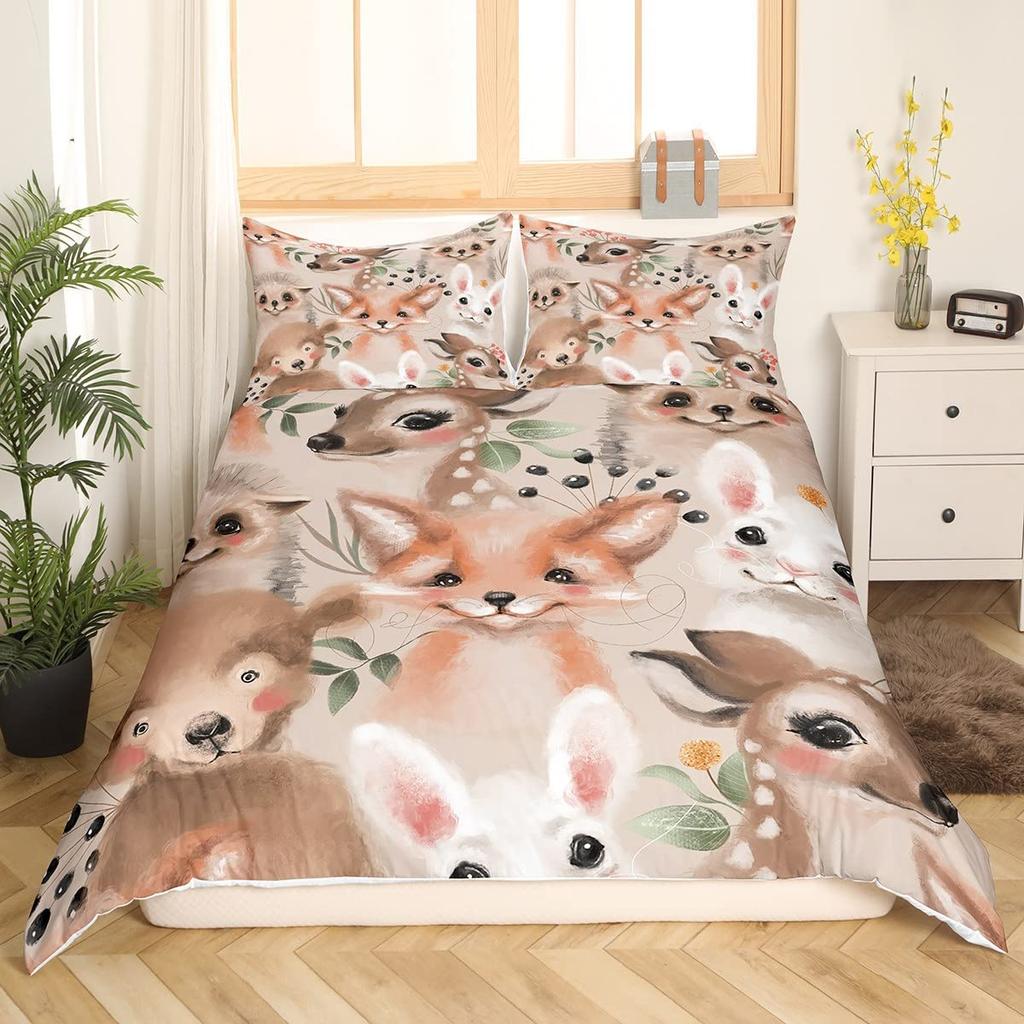 Pink Cute Animals Comforter Cover Set,Cartoon Elephant Duvet Covers for Kid Boy Girl Child King Queen Size Polyester Bedding Set