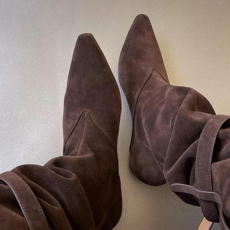 

Женские ботильоны на плоской подошве с острым носом Дизайнерские замшевые готические туфли Модный зимний ботильон Челси Новые трендовые ботинки для ходьбы Mujer Botas 35 кофейный
