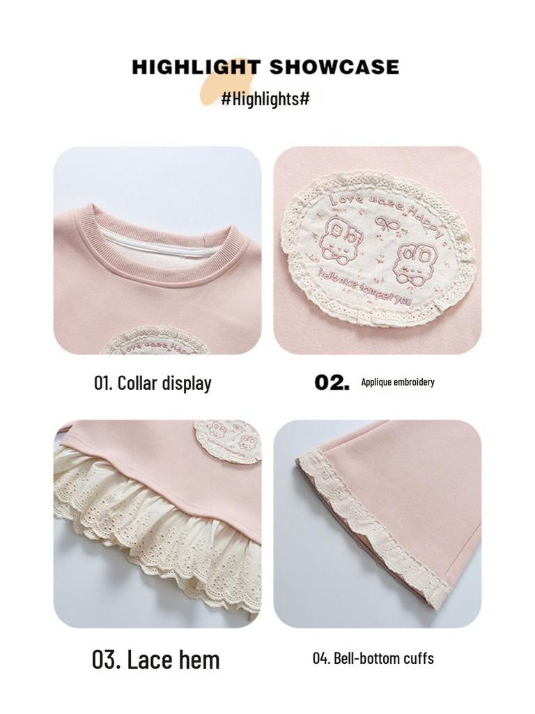 Meng Tang Tang Spring Lace Embroidery Cartoon Hoodie Two-Piece Set for Baby Girls
