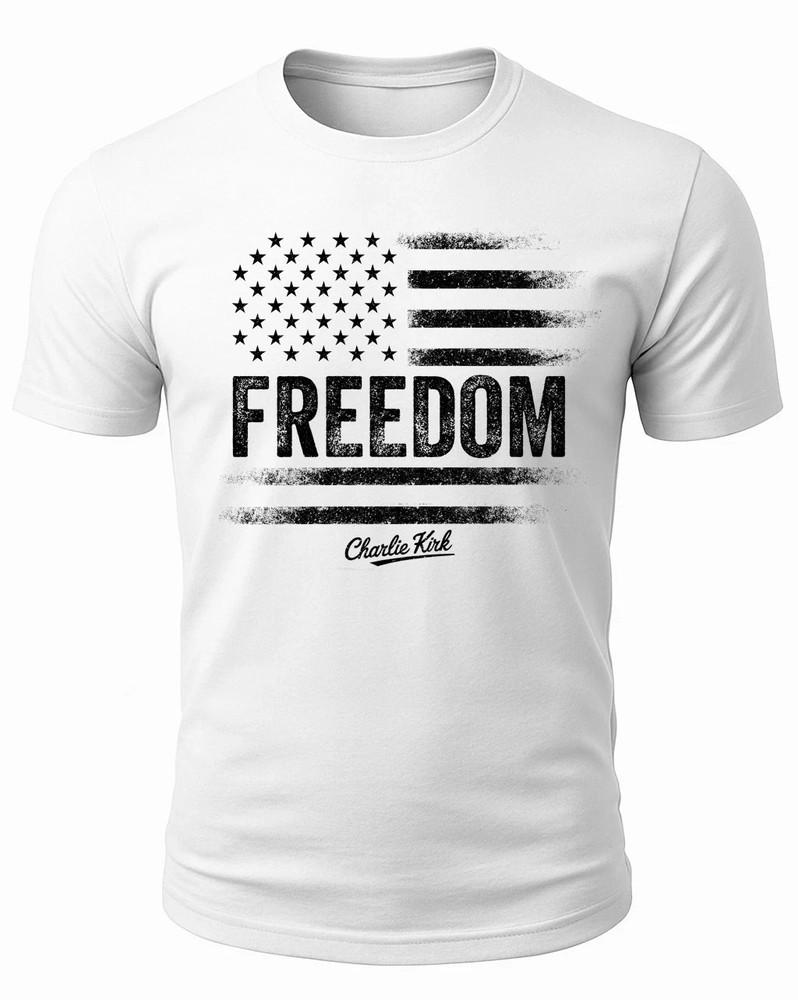 

Freedom Charlie Kirk USA American Flag Patriotic White T Shirt S