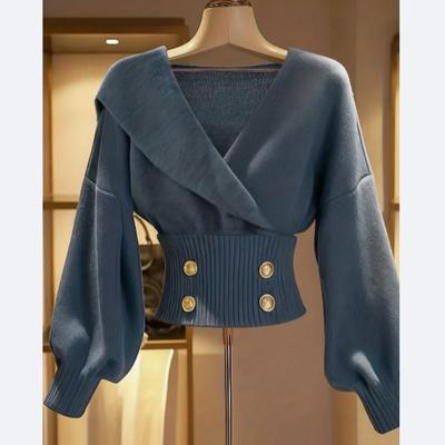 European and American Style Women's Cross-over Lapel Formal Fashion Dropped-shoulder Long-sleeved Solid Color Faux Placket Metal Button Pullover