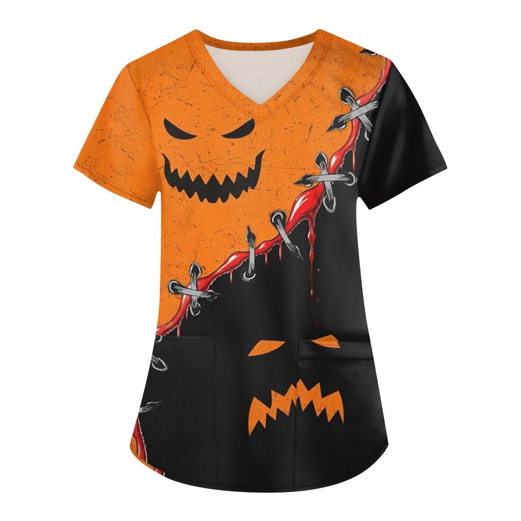 Women's Printing Uniform Work Uniform V-neck Pockets Basic Short Sleeve Pullover Top