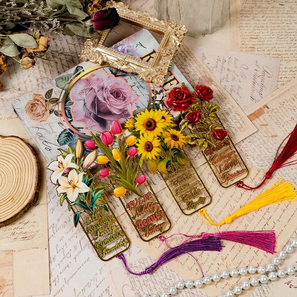 Elegant Floral Tassel Metal Bookmark: Rose, Sunflower, Tulip, Lily Design