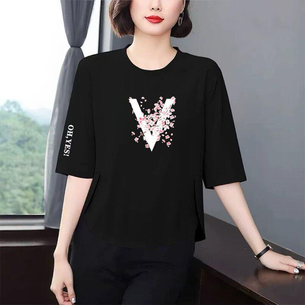 

Seven-Sleeve Floral T-Shirt for Women: Loose, Slimming, Tummy-Concealing, Versatile, Age-Reducing Design for Middle-Aged and Elderly. M
