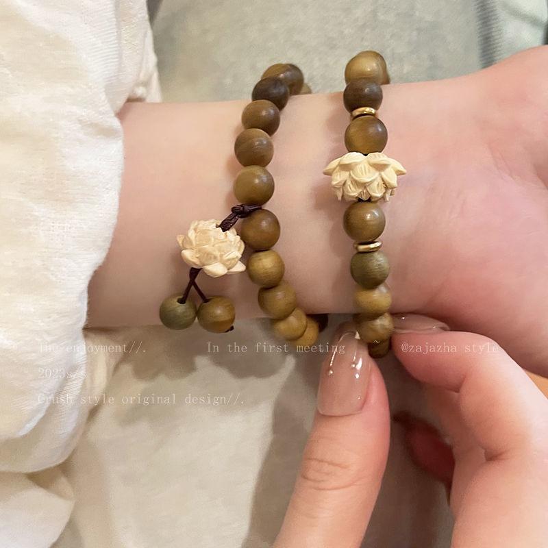 Vintage Zen Lotus Wooden Bead Bracelet For Women Girls