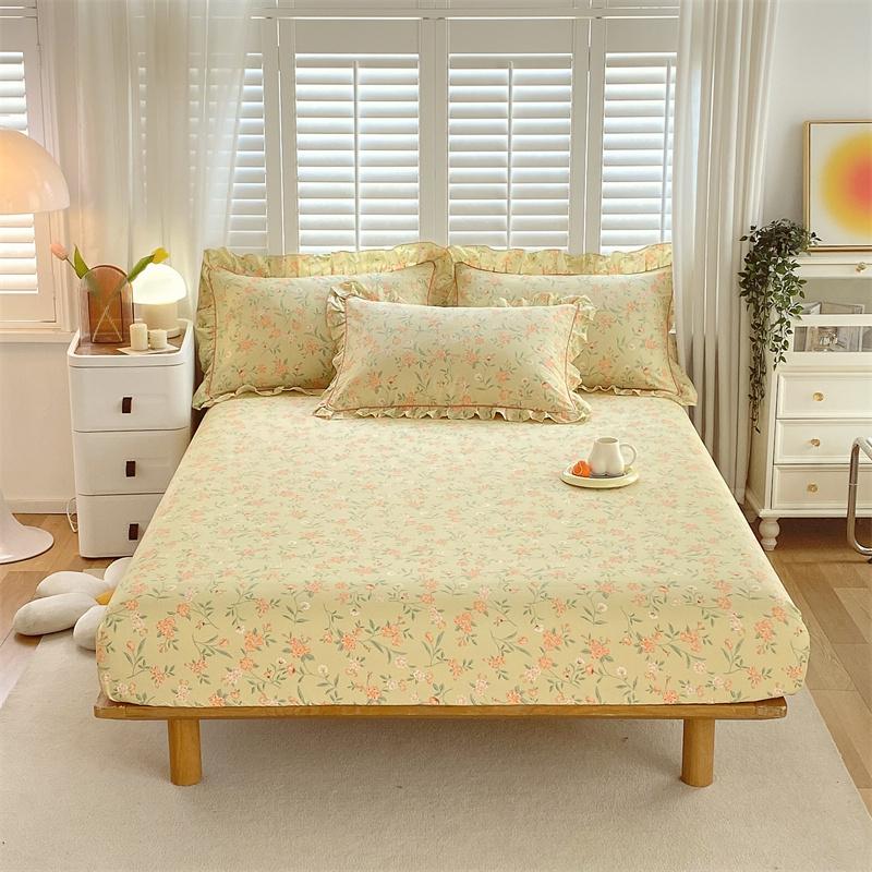 Bonenjoy 1 Pc 100%Cotton Fitted Sheet Floral Flower Printed Bed Cover With Elastaic Queen/King Size Bed Fitted Sheet 180X200Cm