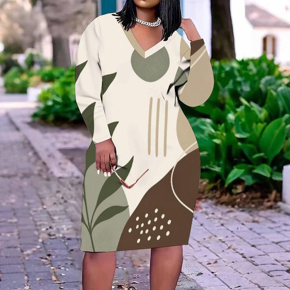 Women Plus Size V Neck Long Sleeve Abstract Printed Fitted Straight Dress