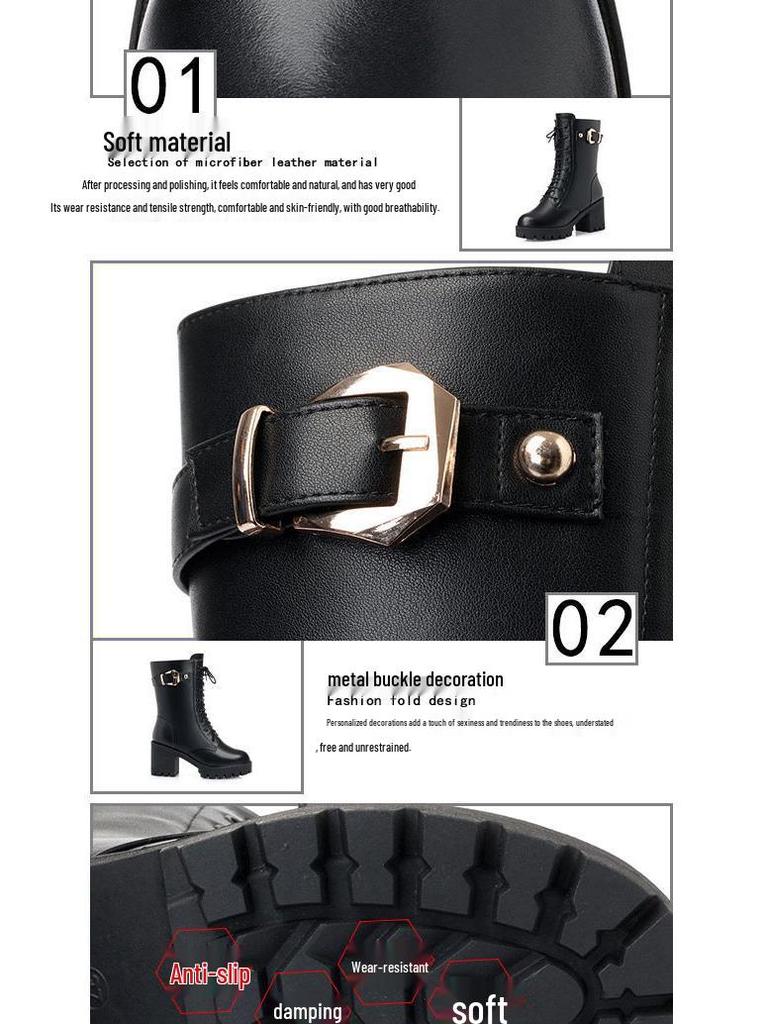 Women's Chunky Heel Leather Ankle & Mid-Calf Winter Boots with Velvet Lining