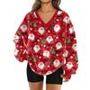 Women's Fashionable V-neck Christmas Printed Long Sleeved Casual Pullover Plush Warm Pocket Sweatshirt Top