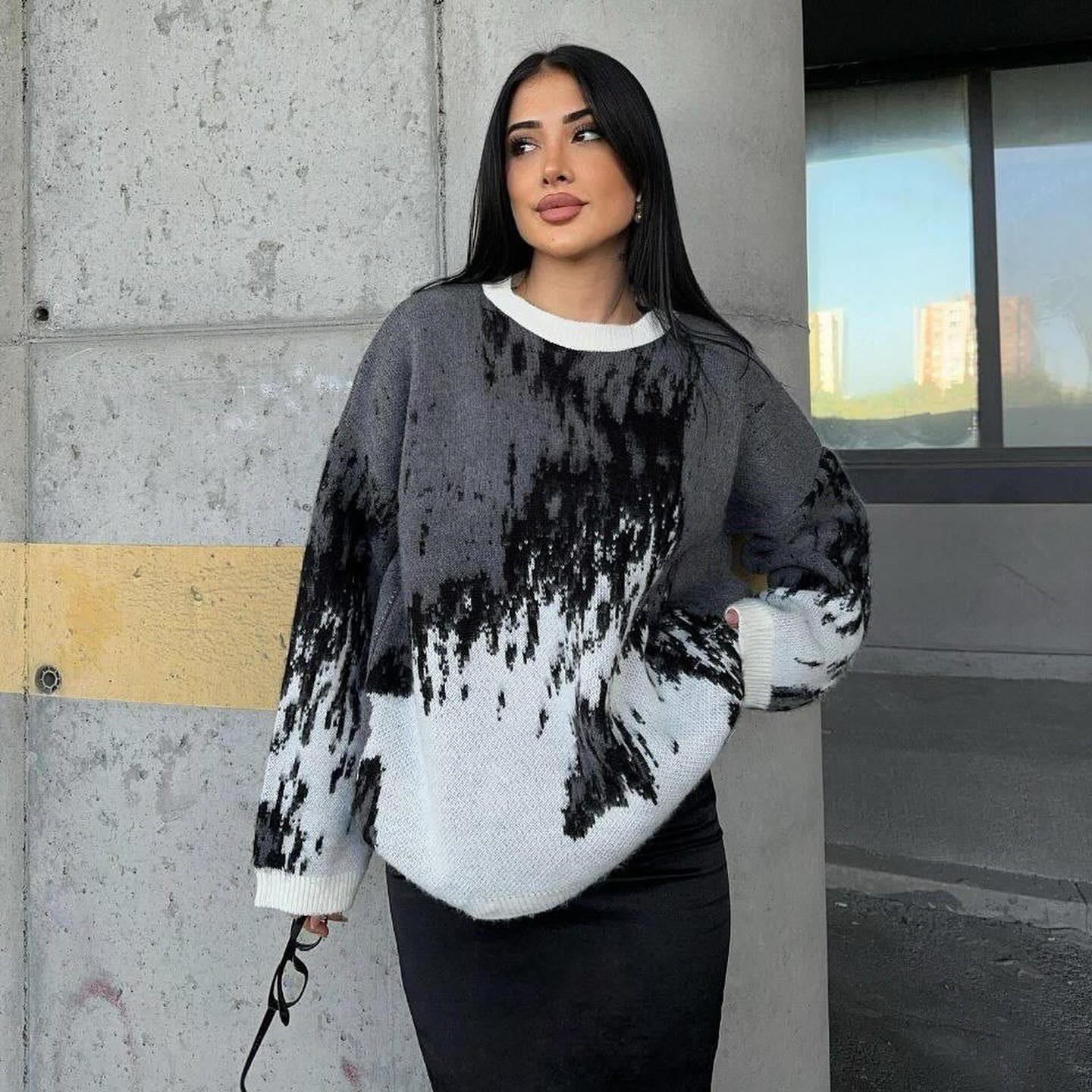 

Свитер с круглым вырезом, чернильный, темпераментный, свободного кроя, вязаный свитер, женская одежда L серый