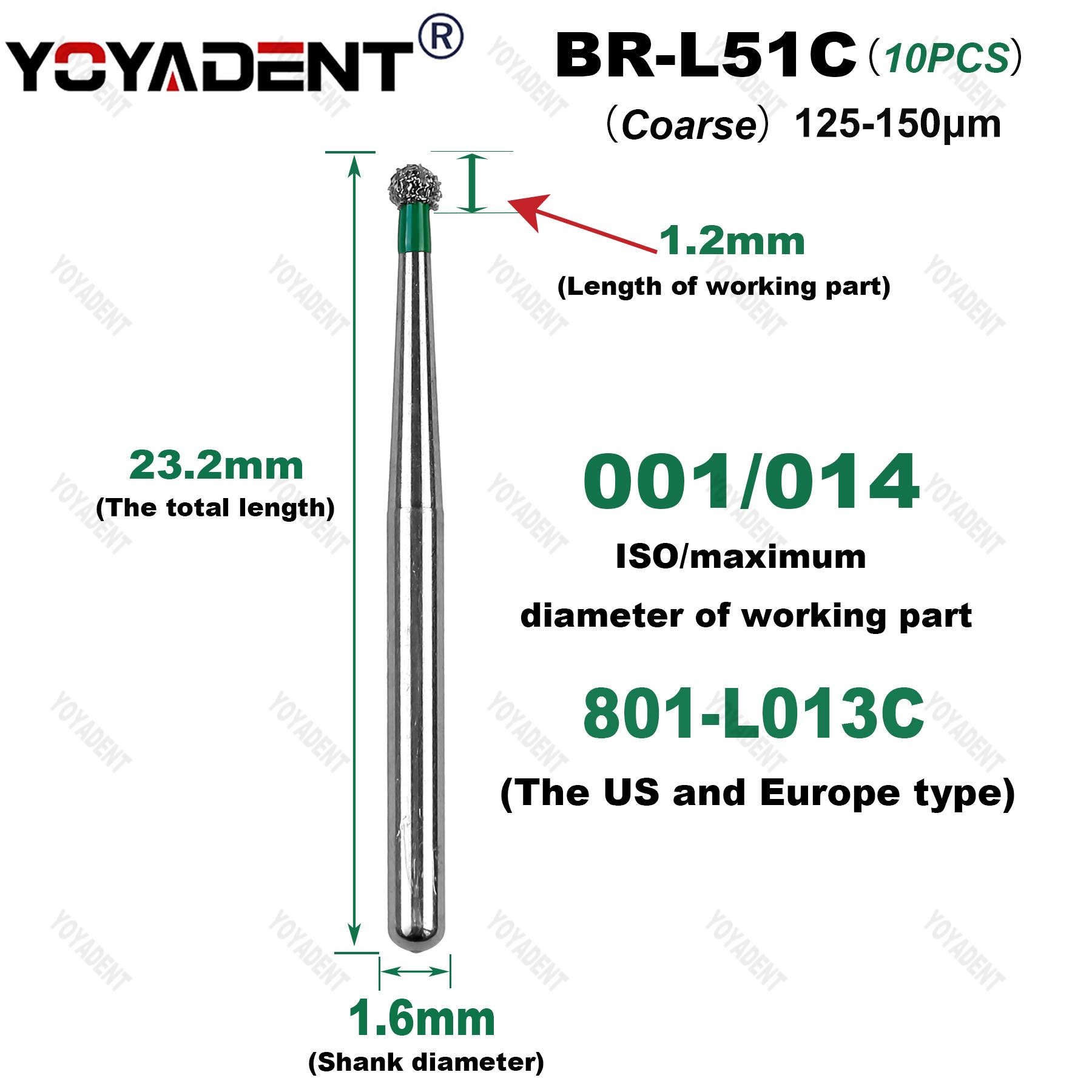 Dental Diamond Burs BR Type Fine/Extra Fine/Coarse/standard/Extra Coarse For High Speed Turbines Dia.1.6mm 10pcs/Pack