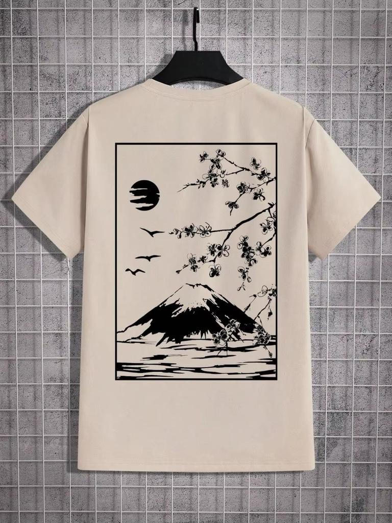 Mount Fuji Cherry Blossom Print T-shirt Men's Fashion T-shirt Clothing Cotton Summer Casual Top Hip Hop Cotton Pine T-shirt