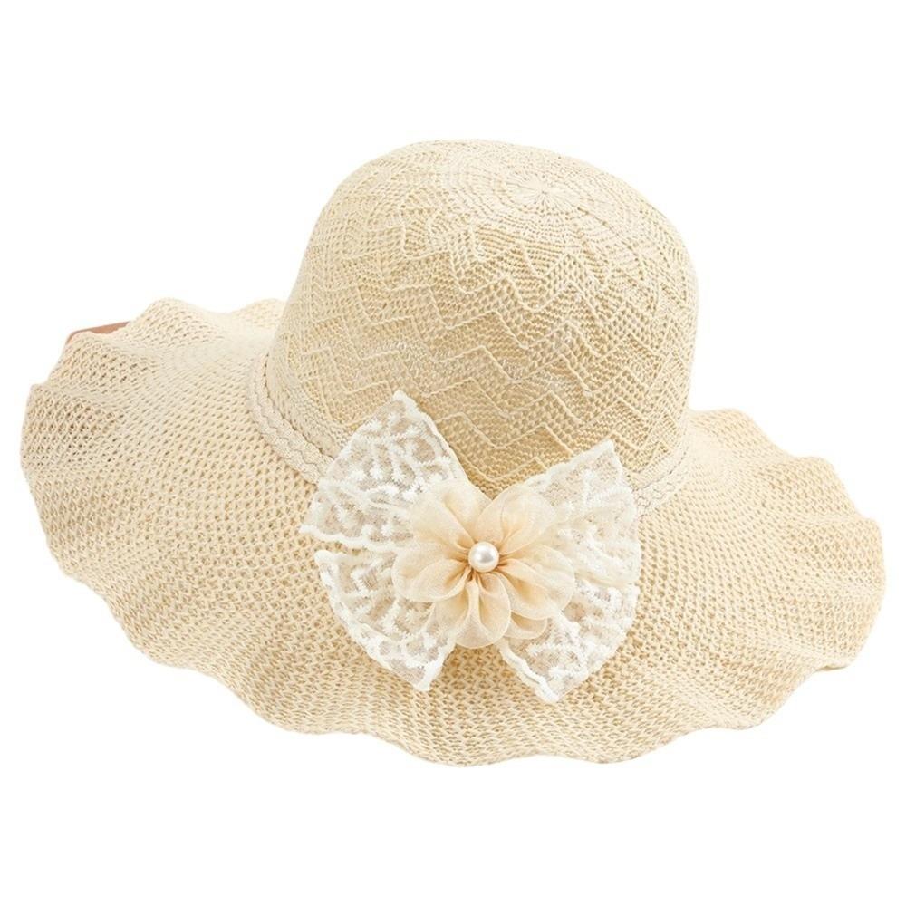 Lace Bow Wide Brim Knitted Hat Solid Color Beach Sun Hat Fashion UV Protection Cap  Travel