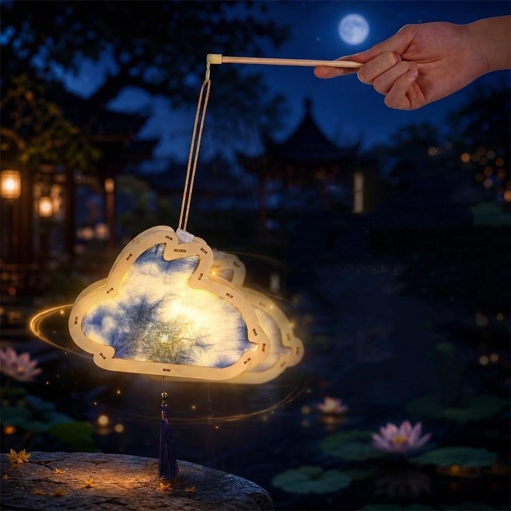 Retro Tie Dyed Lanterns Rabbit Shape Glowing Lanterns Wooden Handheld Lanterns Mid-Autumn Festival