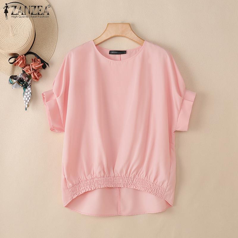 ZANZEA Damska letnia bluzka z okrągłym dekoltem, luźna, codzienna, z krótkim rękawem