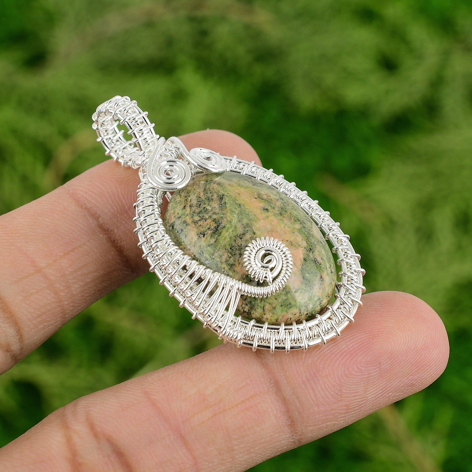

925 Silver Unakite Gemstone Bezel Boho Wire Wrap Heart Chakra Pendant Jewelry