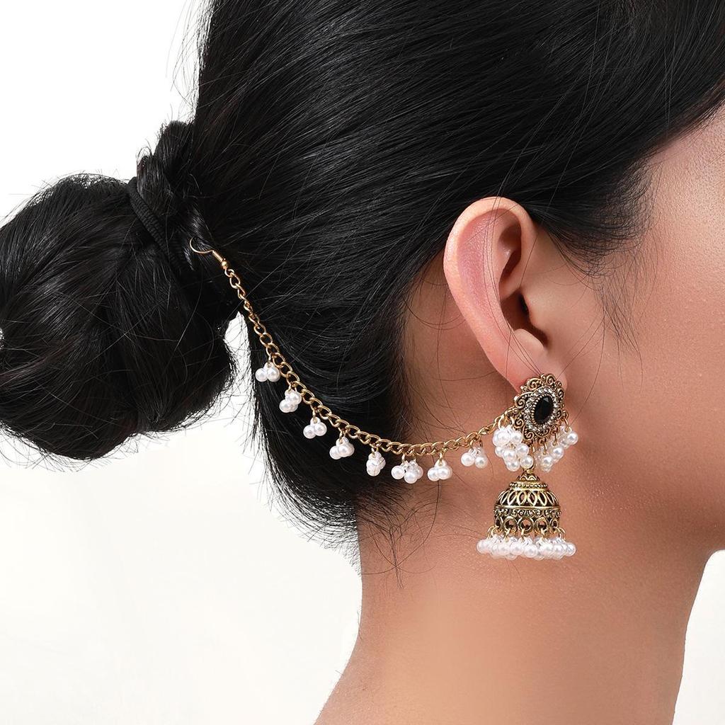Bohemian Ethnic Rhinestone Flower Bell Earring & Hair Chain Set
