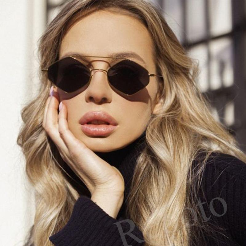 Small Metal Frame Rhombus Sunglasses Women New Fashion Polygonal Vintage Alloy Ladies Sun Glasses Cat Eye Black Gold Shades