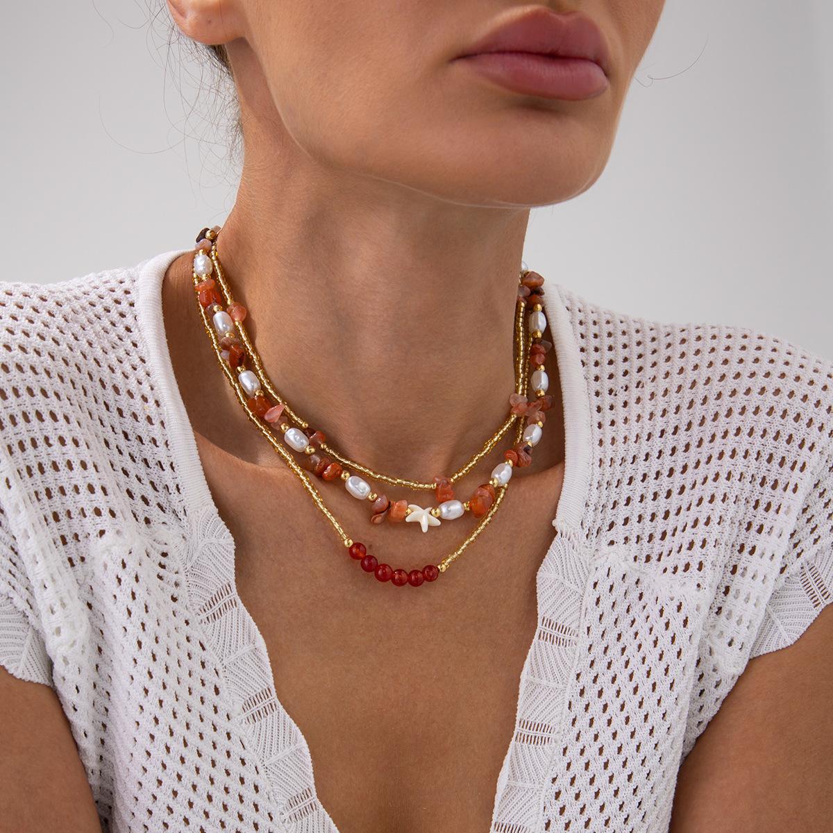 Bohemian Irregular Gravel Rice Bead Beaded Necklace, Sweet And Cool Imitation Pearl Starfish Necklace.