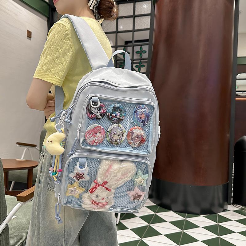 Cartoon Badge Transparent Smug Pain Bag for Female Students, Japanese-style Simple Large-capacity Backpack, Campus-style Schoolbag