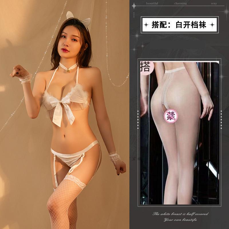 Sex Lingerie Set Sexy Hot Three-point Feather Cute Bow Halter Crotch Temptation Uniform Set