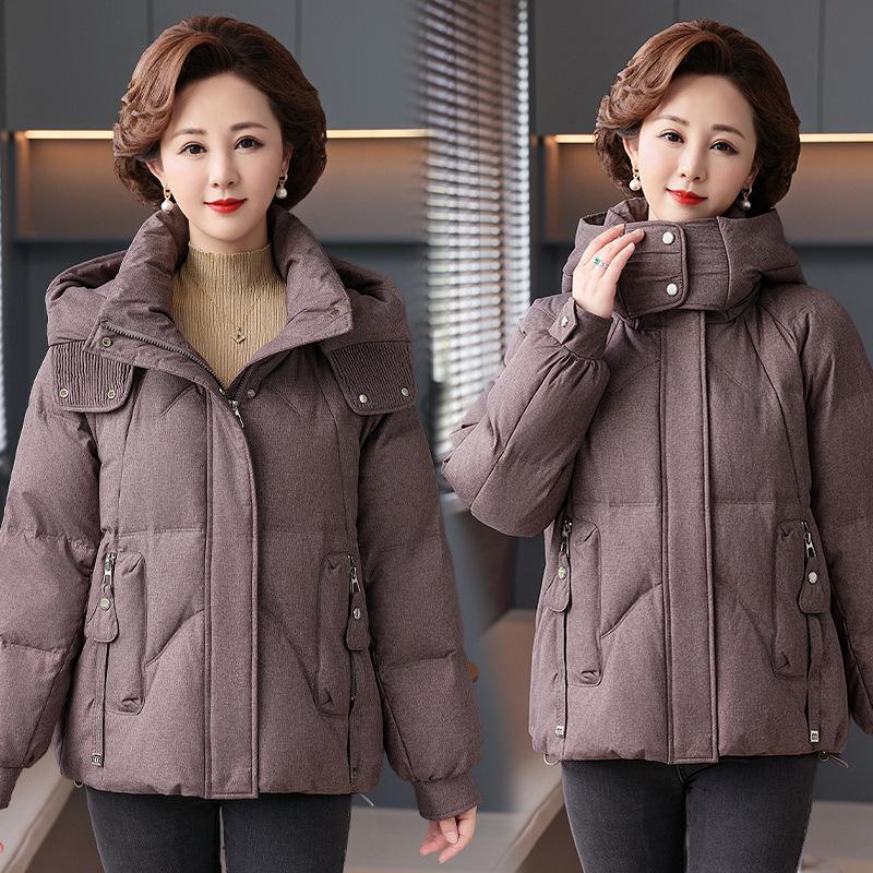 Stylish Hooded White Duck Down Jacket for Middle-Aged Women and Grandmothers