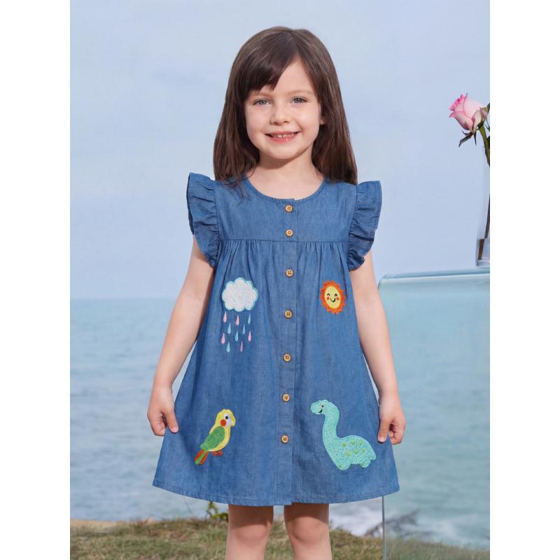 Short-Sleeved Denim Dress Summer Children'S Dress With Appliqué Embroidery Cartoon Fashion Lace Sleeves Children'S Dress