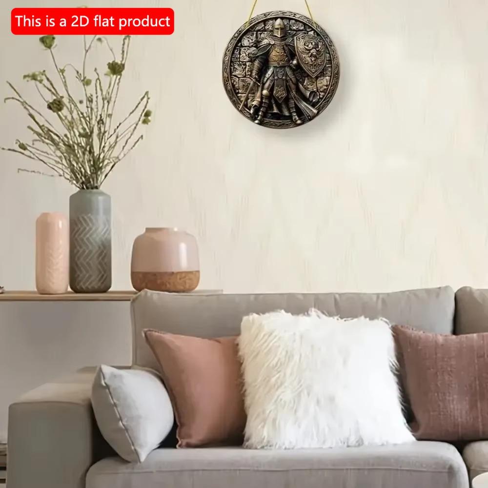 1 Stück 2D Flaches Vintage Mittelalterlicher Ritter Kunst Schild - 20cm Rund Holz, Bar Café Veranda Wohnzimmer Schlafzimmer Heimdeko, Rustikaler Stil Kreative Wanddeko