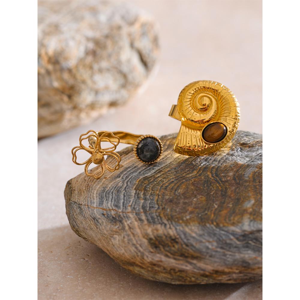 Eetit Natürlicher Spektrolith Tigerstein Muschelblume Offener Verstellbarer Ring Edelstahl Golden Neuankömmlinge Schmuck Geschenk