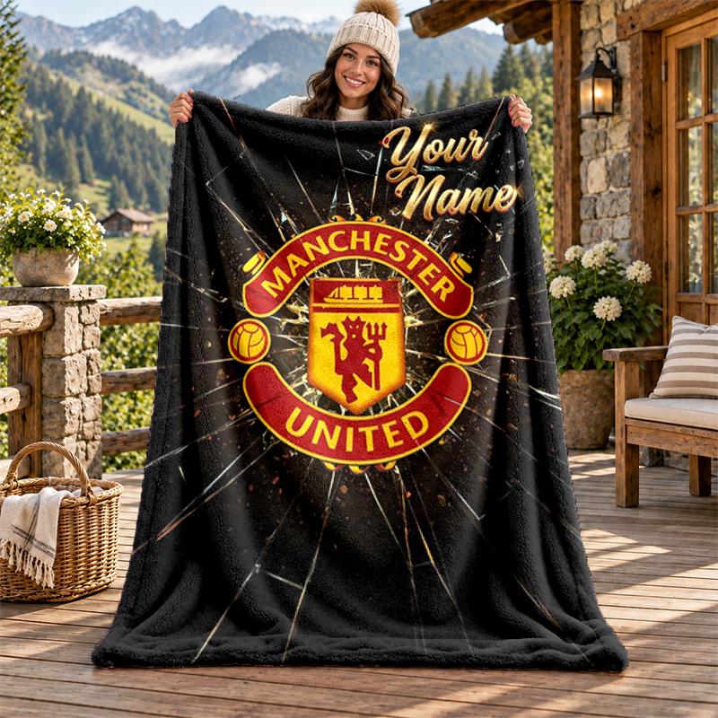 FC Manchester Custom Name Flannel Blanket Personalized Soft Warm Plush Throw Blanket Customized Gift for Family Friends
