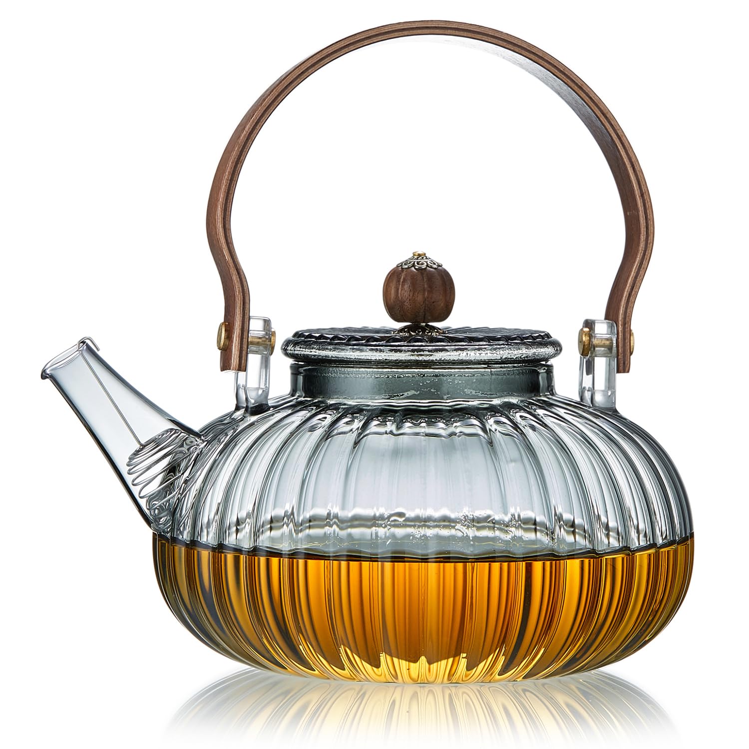 

Pokaro Tea Heat-Resistant Glass Teapot, 920ml Full Capacity, Ink-Colored, Vertical Stripes, Pumpkin-Shaped, Stovetop-Safe, Wooden Handle, Gold-Needle