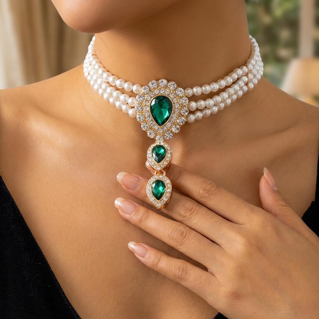 Retro Micro Inlaid Rhinestone Imitation Pearl Choker for Women Luxury Crystal Water Drop Pendant Necklace Party Wedding Jewelry