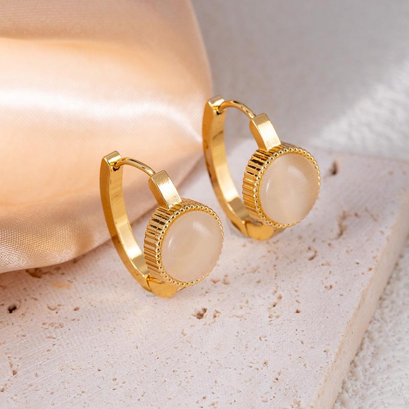 High-end Geometric Stainless Steel Stud Earrings with Imitation Blue Turquoise Cat's Eye