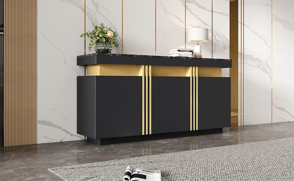 140*38*70cm Modern Black Sideboard Display, 3 Doors, Dining Cabinet with Adjustable Partitions, Wide Handle-free Compartments