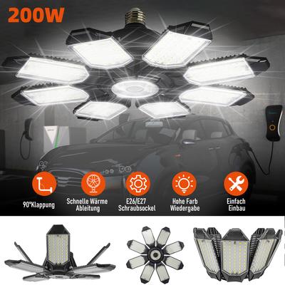 200W Výkonné LED světlo do garáže Sklápěcí LED žárovky E27 Nastavitelná vícepanelová stropní lampa Pro osvětlení dílny skladu