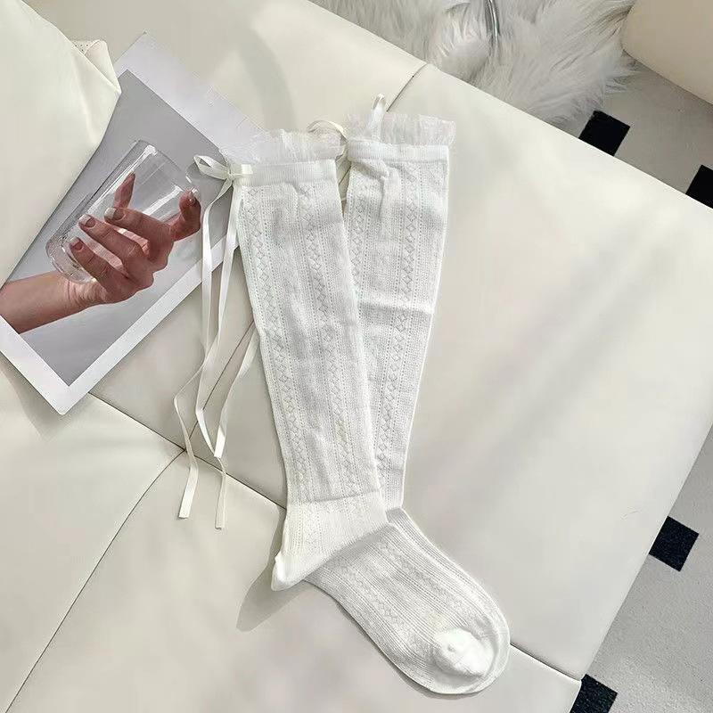 

Summer Calf Length Ballet Socks For Women Lightweight Mesh With Bow Lace Cool Slouch Socks For Outdoor Or Indoor one size белый