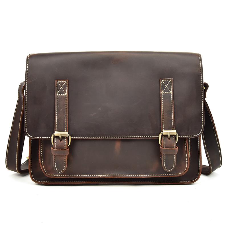 Men'S Genuine Leather Shoulder Bag Crazy Horse Leather Messenger Bag First Layer Cowhide Flip Shoulder Bag Casual Bag
