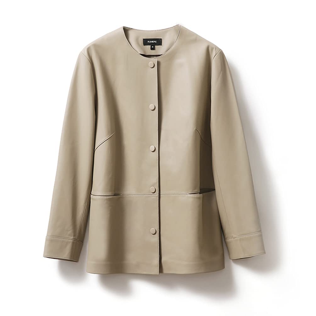 JINLUN Collarless Leather Genuine Lambskin Style for and Spring Size Women's Jacket, Leather, Collarless, Rider's Fall, Winter, (Beige, L)