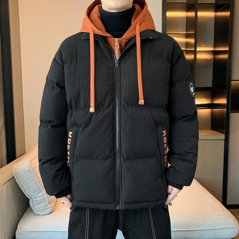 BRICS Grid Jacquard Cotton-padded Coat Men's Winter Fake Two-piece Feather Jacquard Cotton-padded Jacket Thickened Trendy Couple Winter Clothing