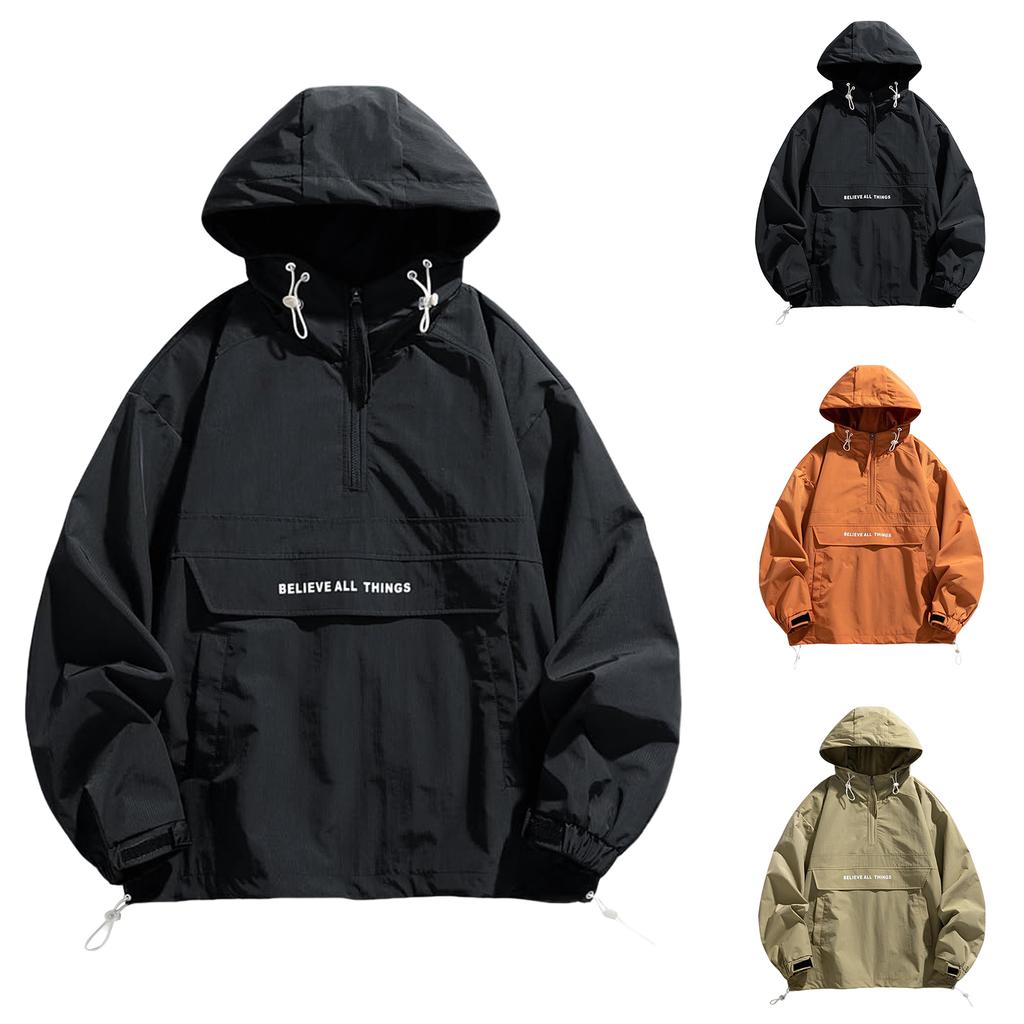 Men's Letter Print Half Zip Hooded Jacket, Casual Regular Fit Long Sleeve Jacket For Spring & Fall, Fashion Men's Outerwear For Daily Wear